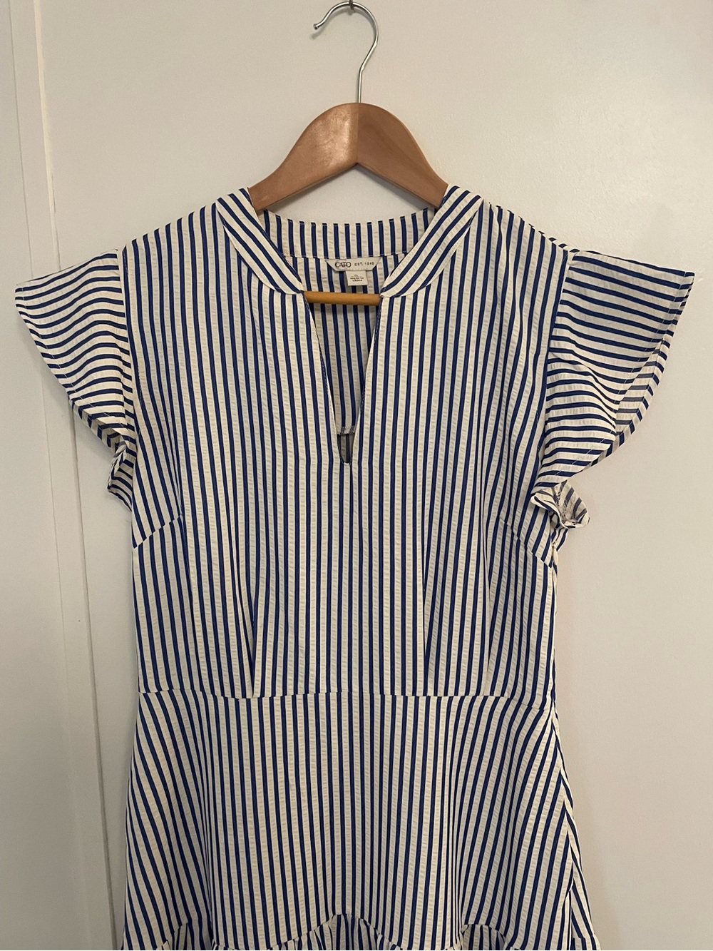 Cato Blue and White Striped Tiered Midi Dress V-Neck Size S nautical resortwear - Picture 2 of 9